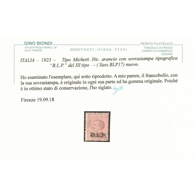 ITALIA REGNO 1923 BLP 30c bruno arancio MH* ©