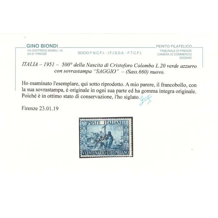 ITALIA 1951 Cristoforo Colombo (Saggio) MNH** ©