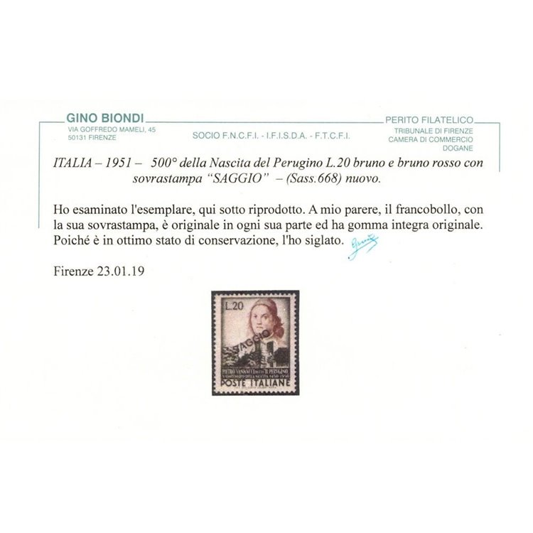 ITALIA 1951 Pietro Vannucci (Saggio) MNH** ©