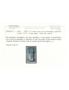 TRIESTE A 1949 ERP ₤5 verde scuro (soprastampa capovolta) MNH** ©