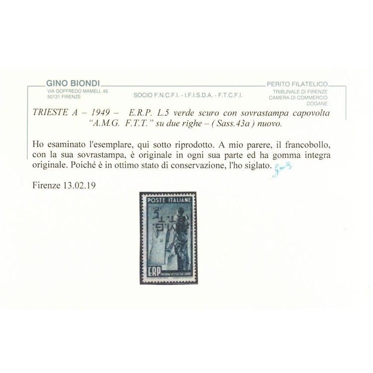 TRIESTE A 1949 ERP ₤5 verde scuro (soprastampa capovolta) MNH** ©