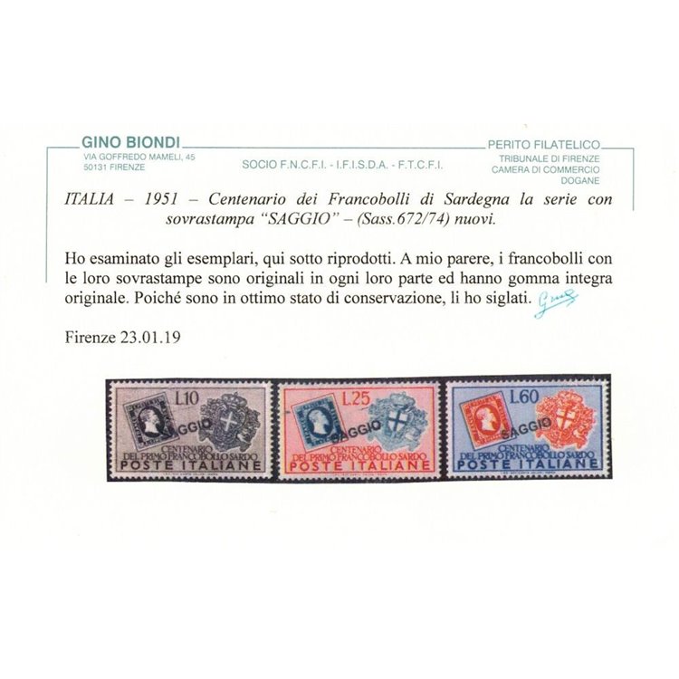 ITALIA 1951 Francobolli sardi (Saggio) MNH** ©