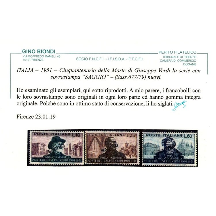 ITALIA 1951 Giuseppe Verdi (Saggio) MNH** ©