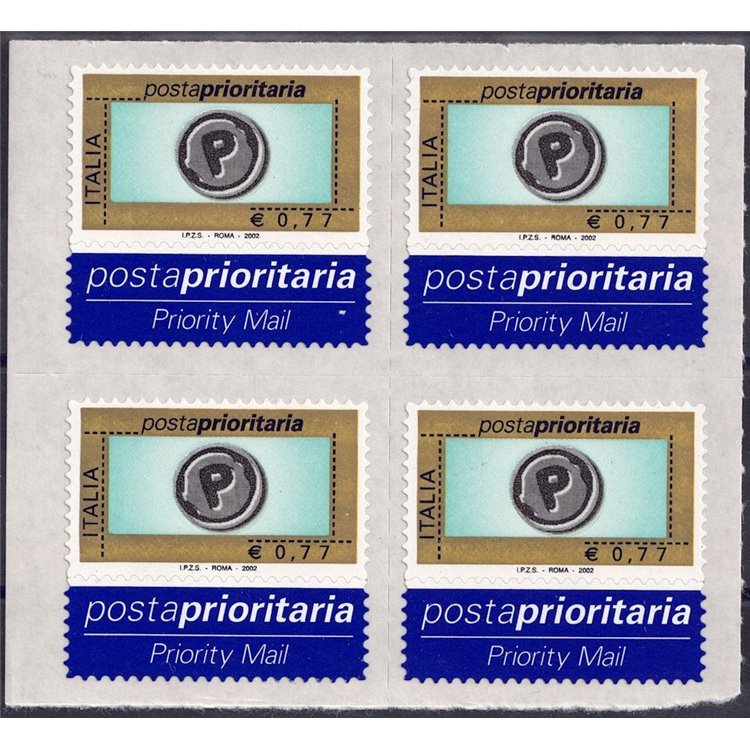 ITALY 2002 Priority Mail €0.77 (in blocks of four) MNH**