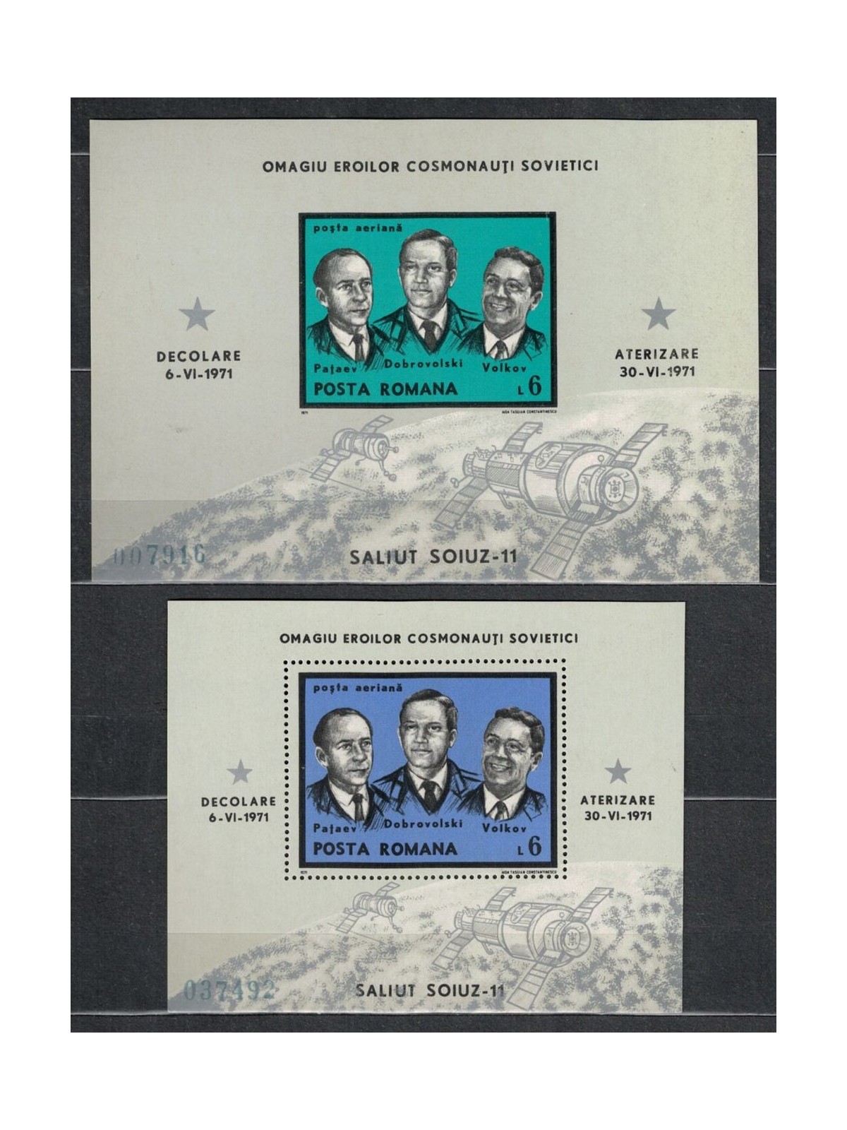 ROMANIA 1971 Soyuz Cosmonauts 2 s/s MNH**