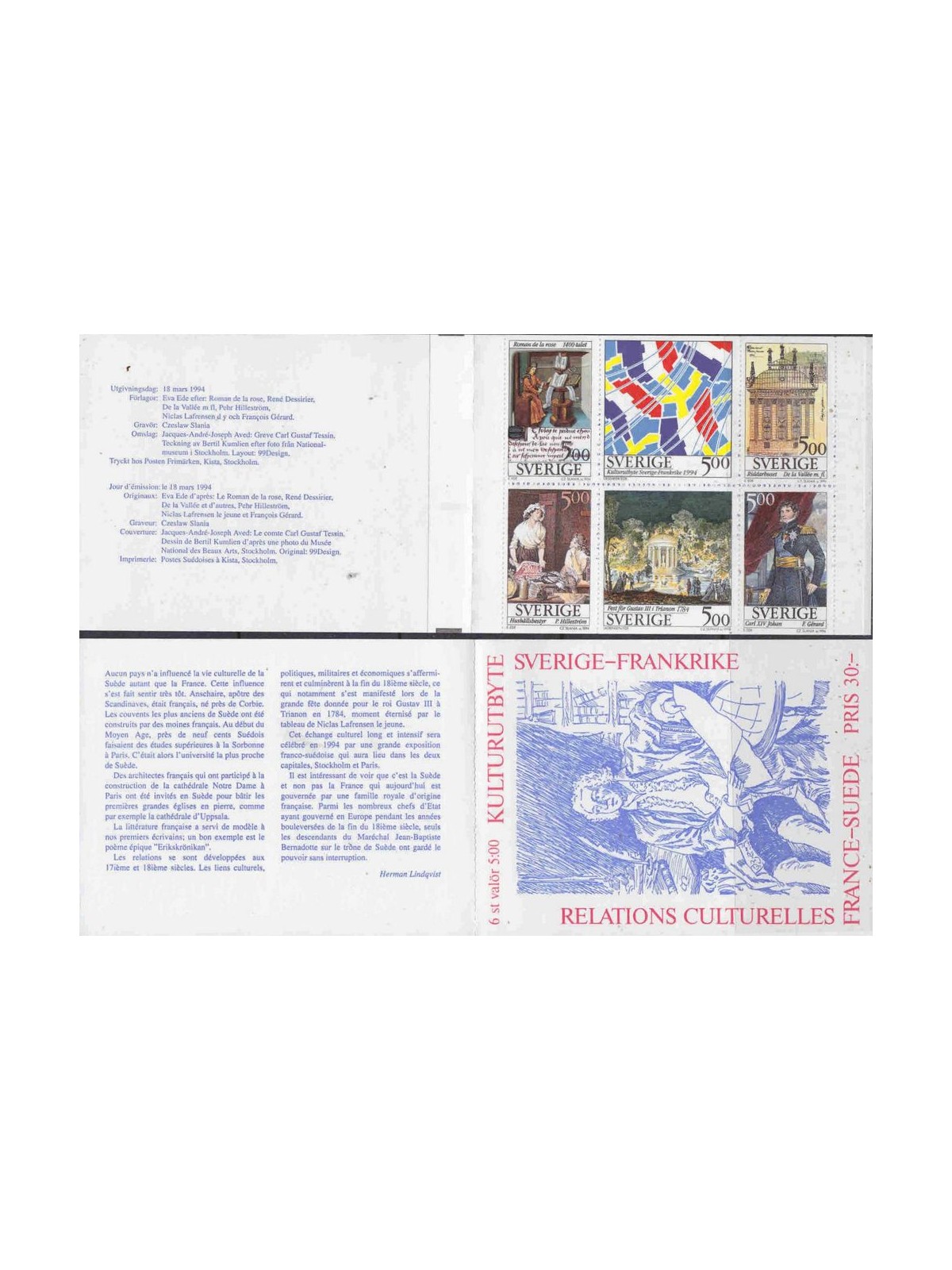 SVEZIA 1994 Relazioni culturali Sweden France 6v in libretto