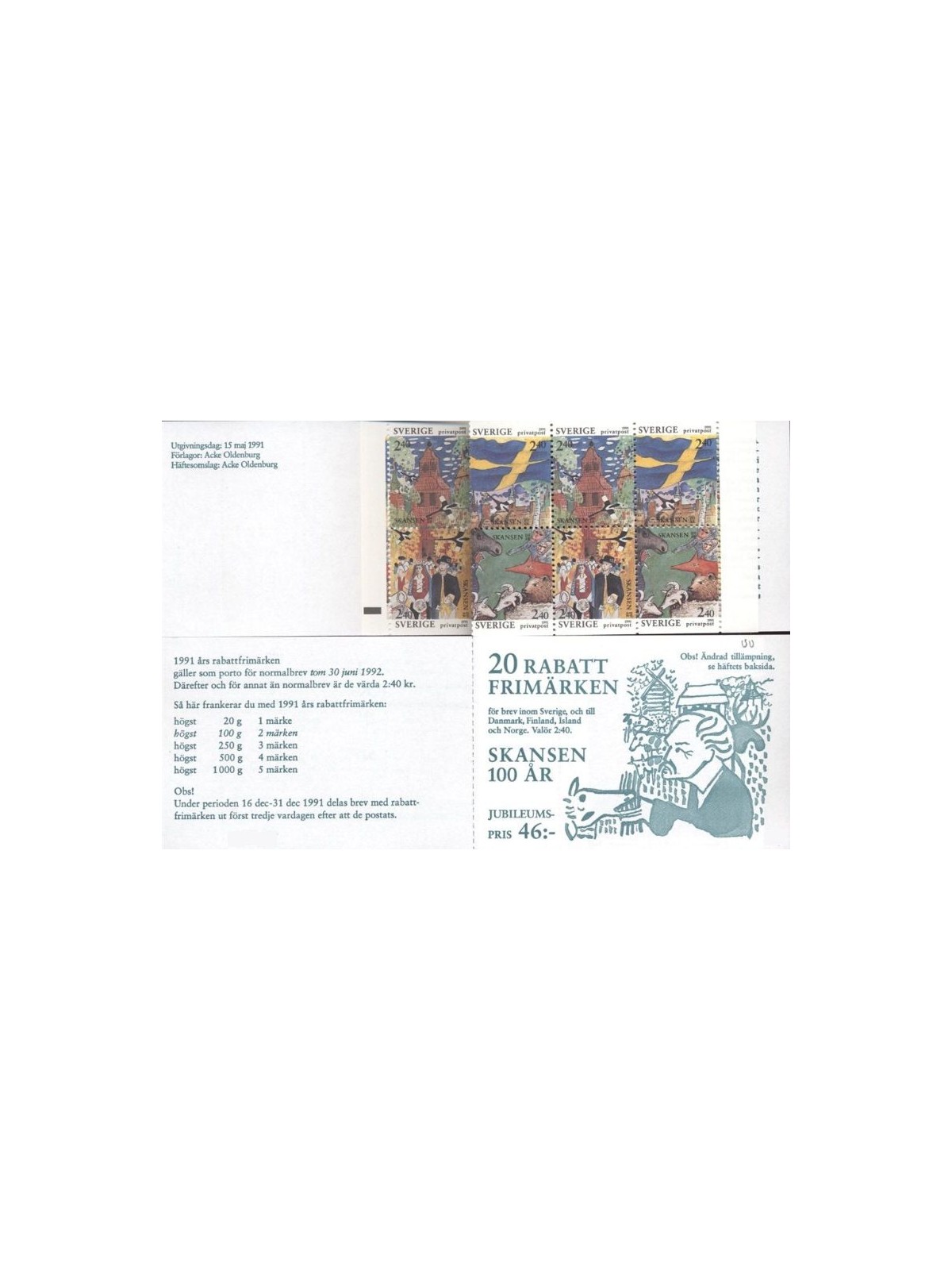 SWEDEN 1991 Skansen Park in Stockholm - Skansen park 5x4v in booklet