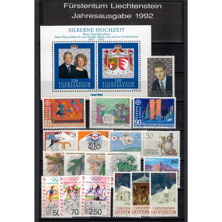 LIECHTENSTEIN 1992 Annata completa - Complete Year Set 19v + 1 BF MNH**