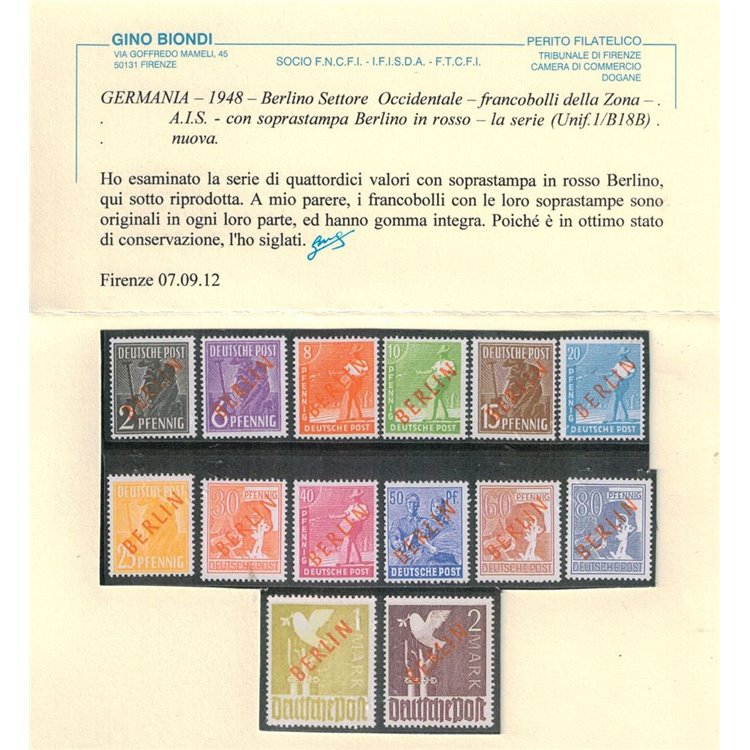 BERLINO 1949 Francobolli della Zona AIS soprast. in rosso 14v MNH** ©