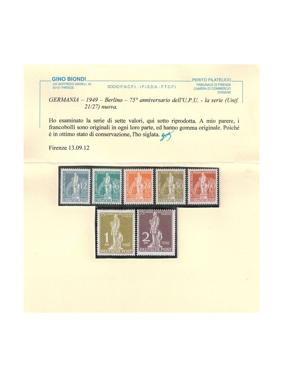 BERLIN 1949 75th anniversary of the UPU 7v MH* ©