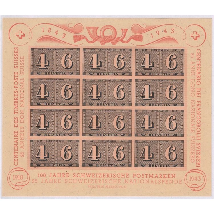 SVIZZERA 1943 Centenario francobolli svizzeri BF MNH** (8)