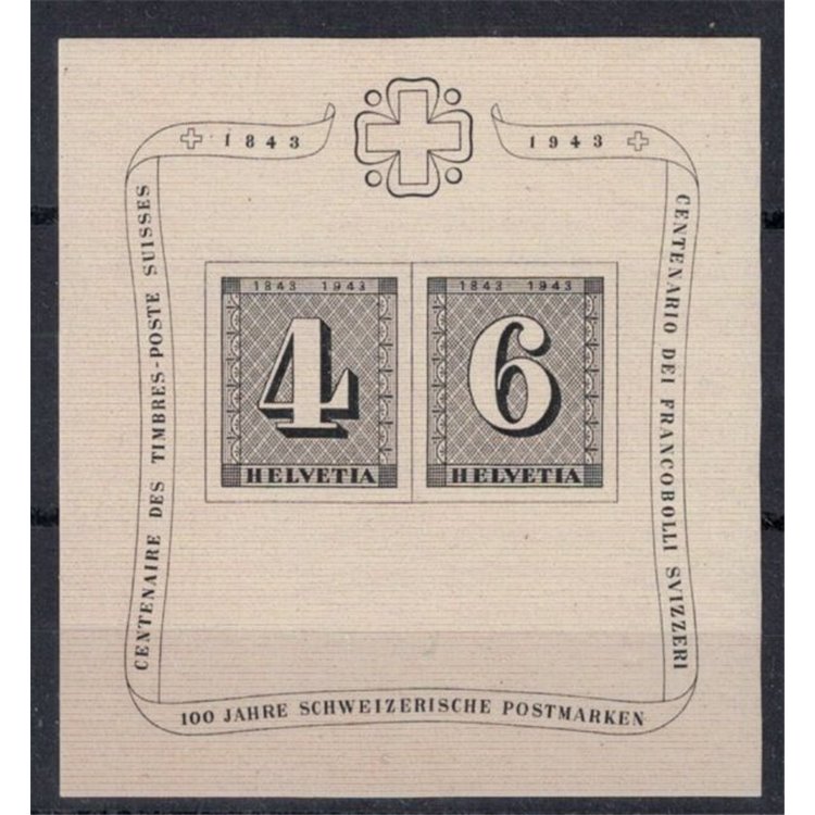 SWITZERLAND 1943 Centenary of Swiss stamps s/s MNH** (9)