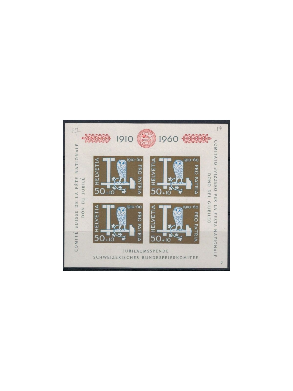 SVIZZERA 1960 Cinquantenario Pro Patria 1 BF MNH**