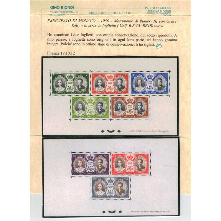 MONACO 1956 Matrimonio Ranieri III e Grace Kelly 2 BF MNH** ©