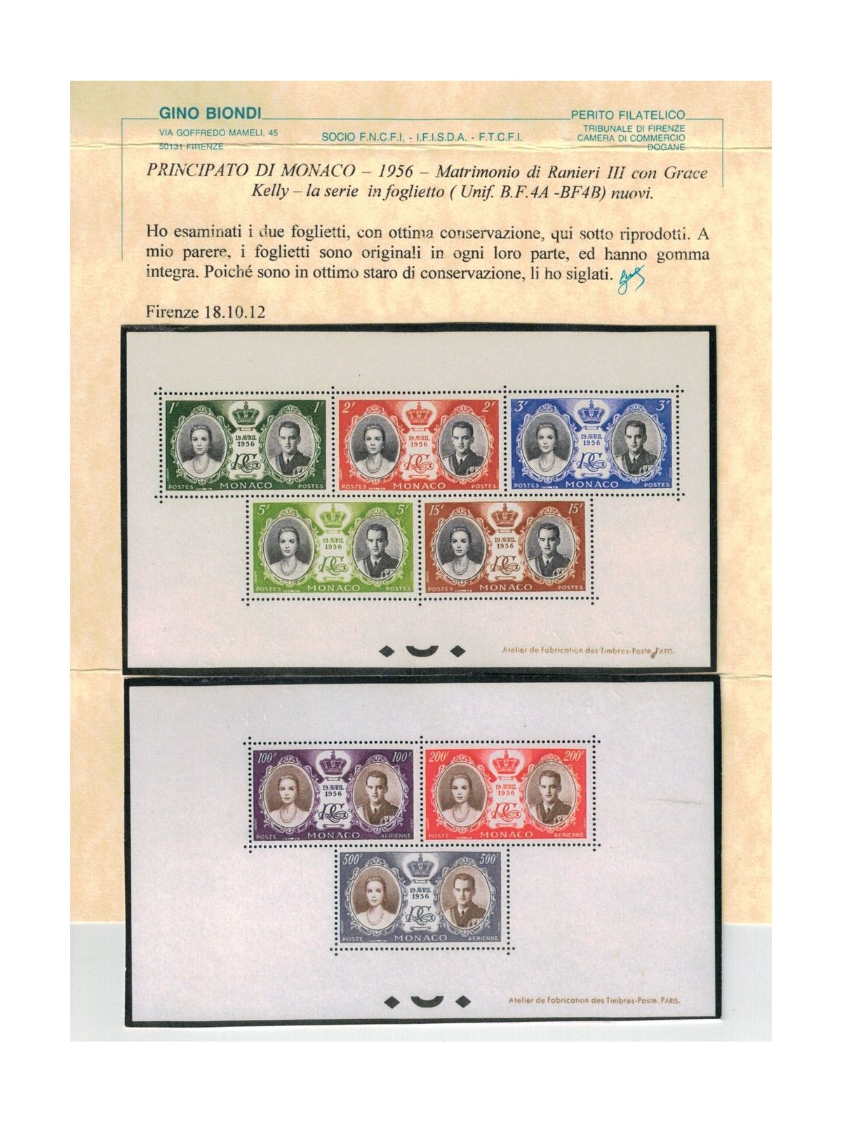 MONACO 1956 Matrimonio Ranieri III e Grace Kelly 2 BF MNH** ©