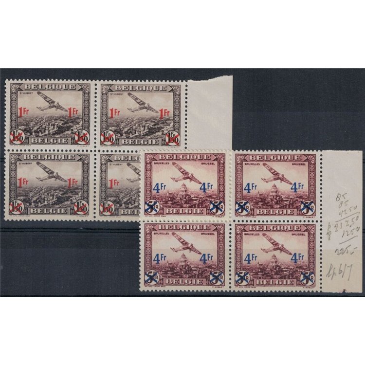 BELGIUM 1935 Airmail, overprinted 2v in blocks of four MNH**