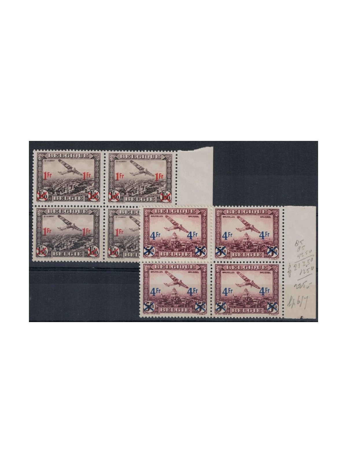 BELGIO 1935 Posta aerea, soprastampati 2v in quartine MNH**