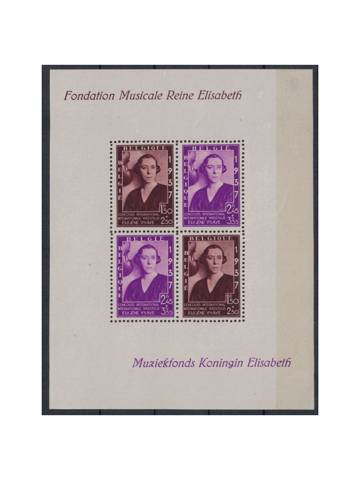 BELGIUM 1937 For the Queen Elisabeth Music Foundation 1 s/s MNH**