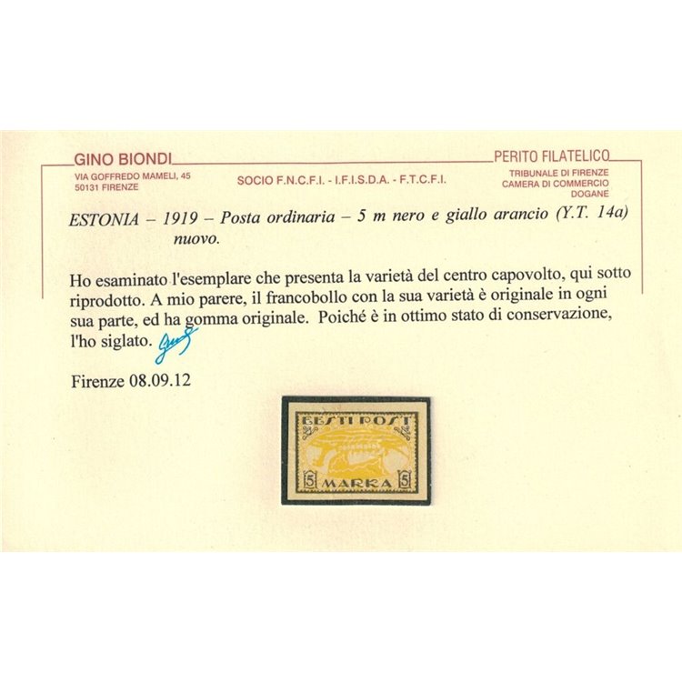 ESTONIA 1919 Varietà, 5m nero e giallo arancio MH* © e Apex