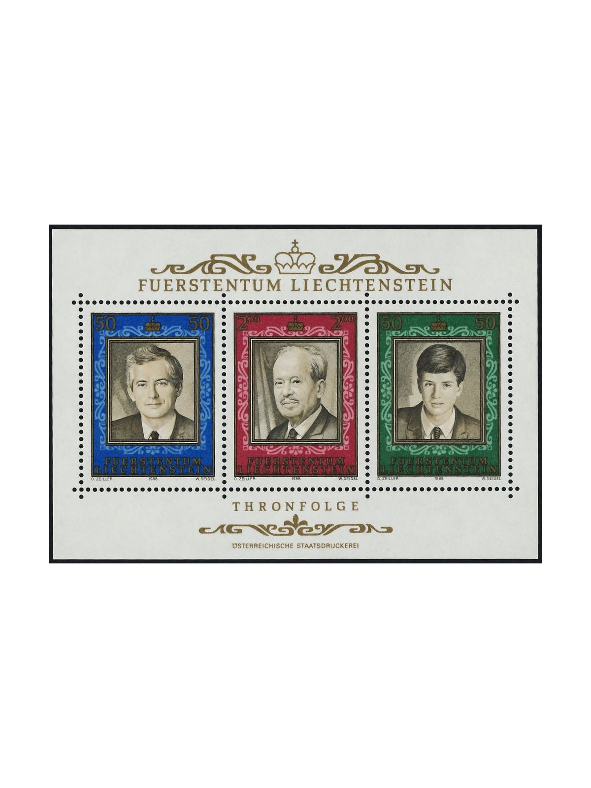 LIECHTENSTEIN 1988 Principe Francesco Giuseppe II BF MNH**