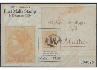 MALTA 2010 Anniversario del 1° francobollo BF MNH**