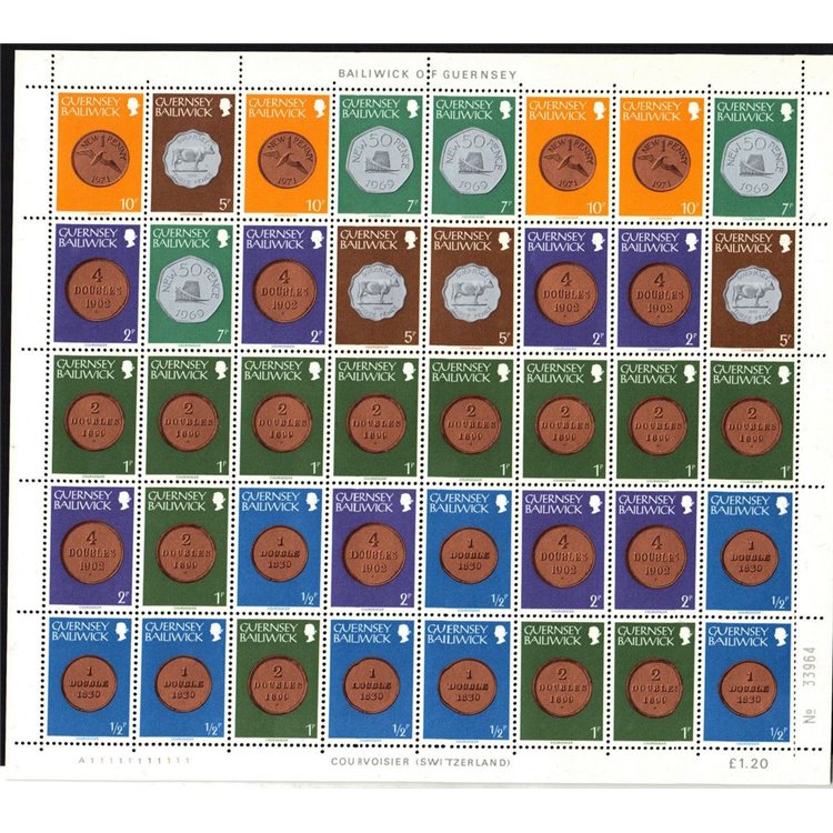 GUERNSEY 1979 Serie ordinaria, monete 1 Minifoglio di 40v MNH**
