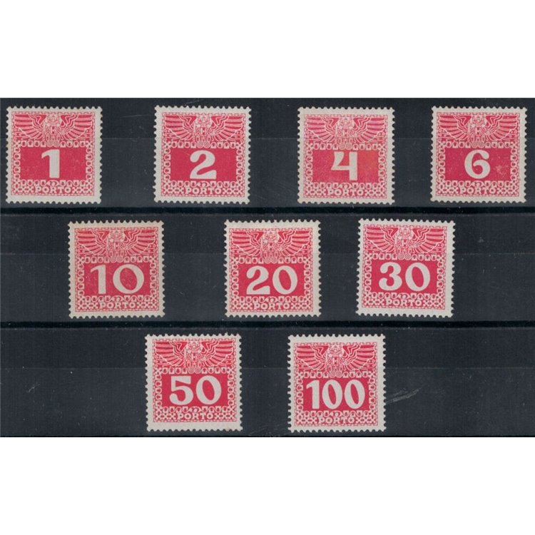 AUSTRIA 1908 Segnatasse cifra, carta patinata lucida 9v MH*