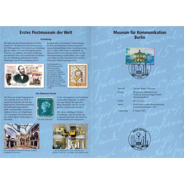 GERMANIA BRD 2002 Museo per la comunicazione, scheda commemorativa Mi N° 2276