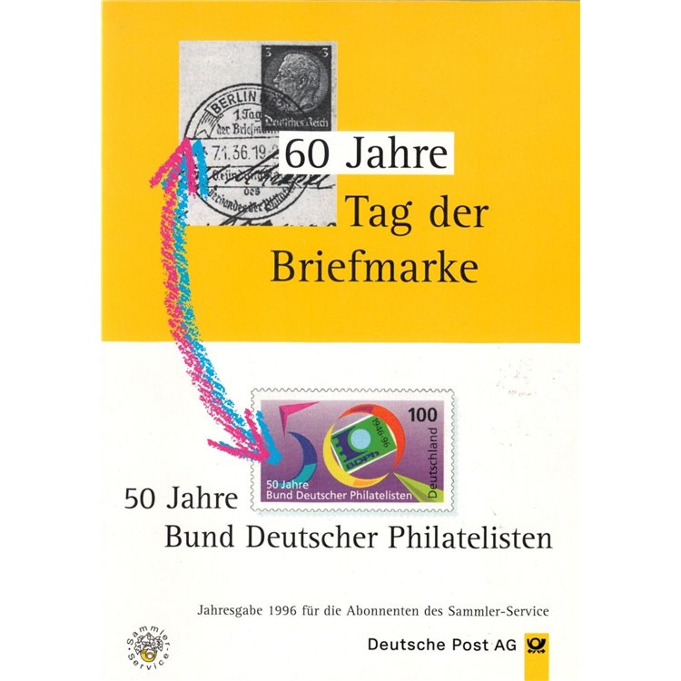 GERMANIA BRD 1996 Federazione filatelica tedesca, scheda commemorativa Mi 1878