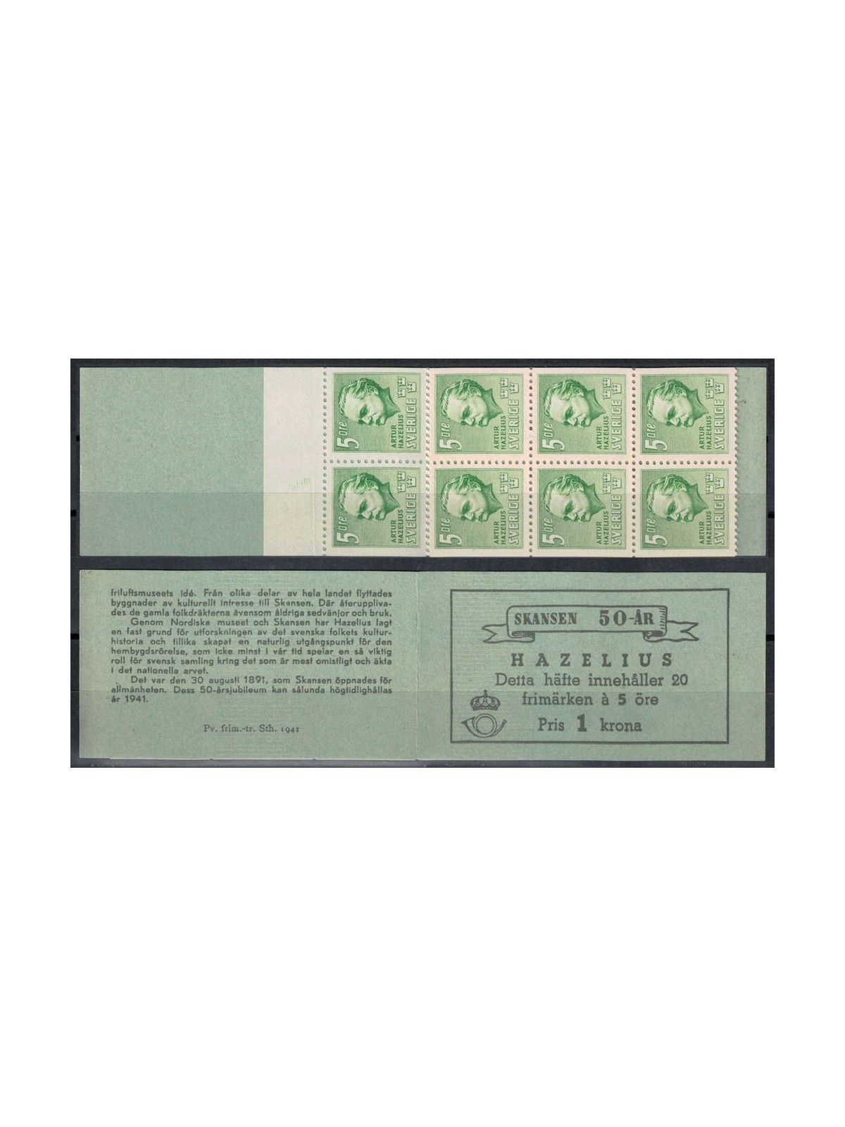SVEZIA 1941 Museo di Skansen 5 öre verde LB MNH**