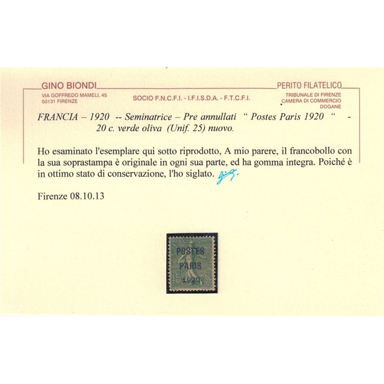 FRANCIA 1920 Preannullati (Seminatrice) 15c verde oliva MNH** ©