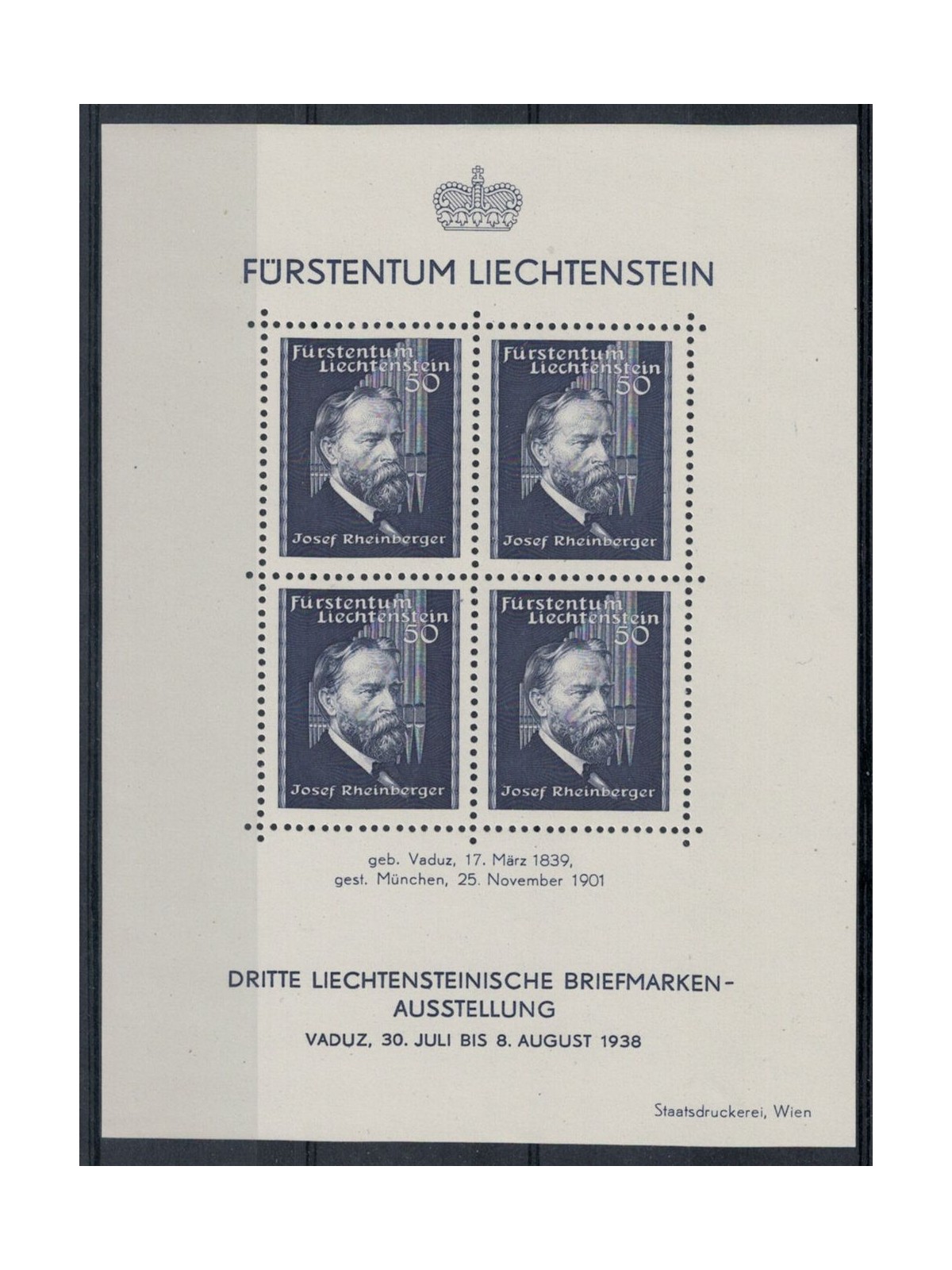 LIECHTENSTEIN 1938 Vaduz Philatelic Exhibition s/s MNH**