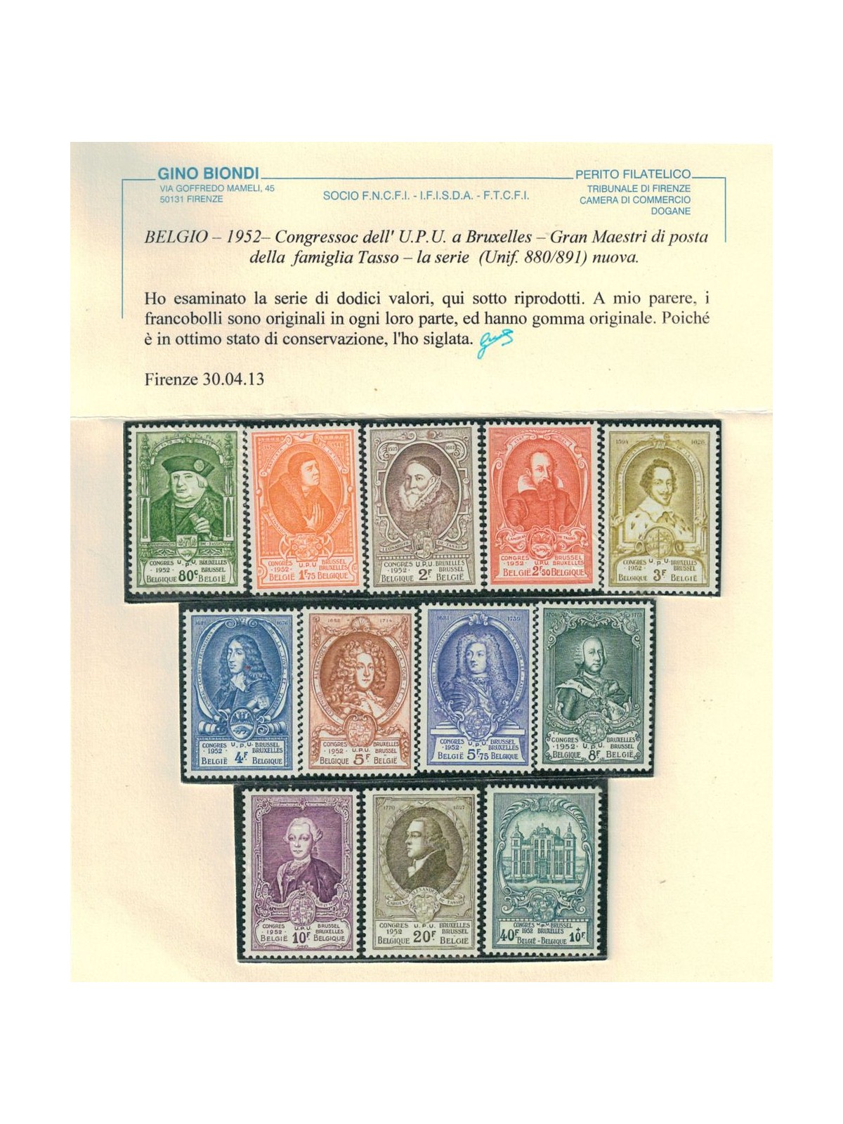 BELGIO 1952 Congresso Upu a Bruxelles 12v MH* ©