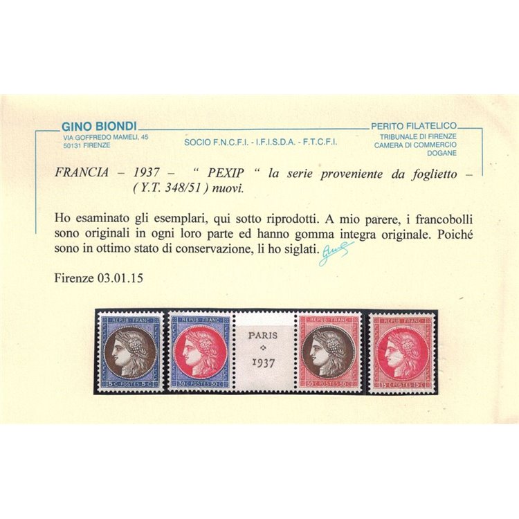 FRANCIA 1937 Esposizione filatelica di Parigi, Pexip 4v MNH**