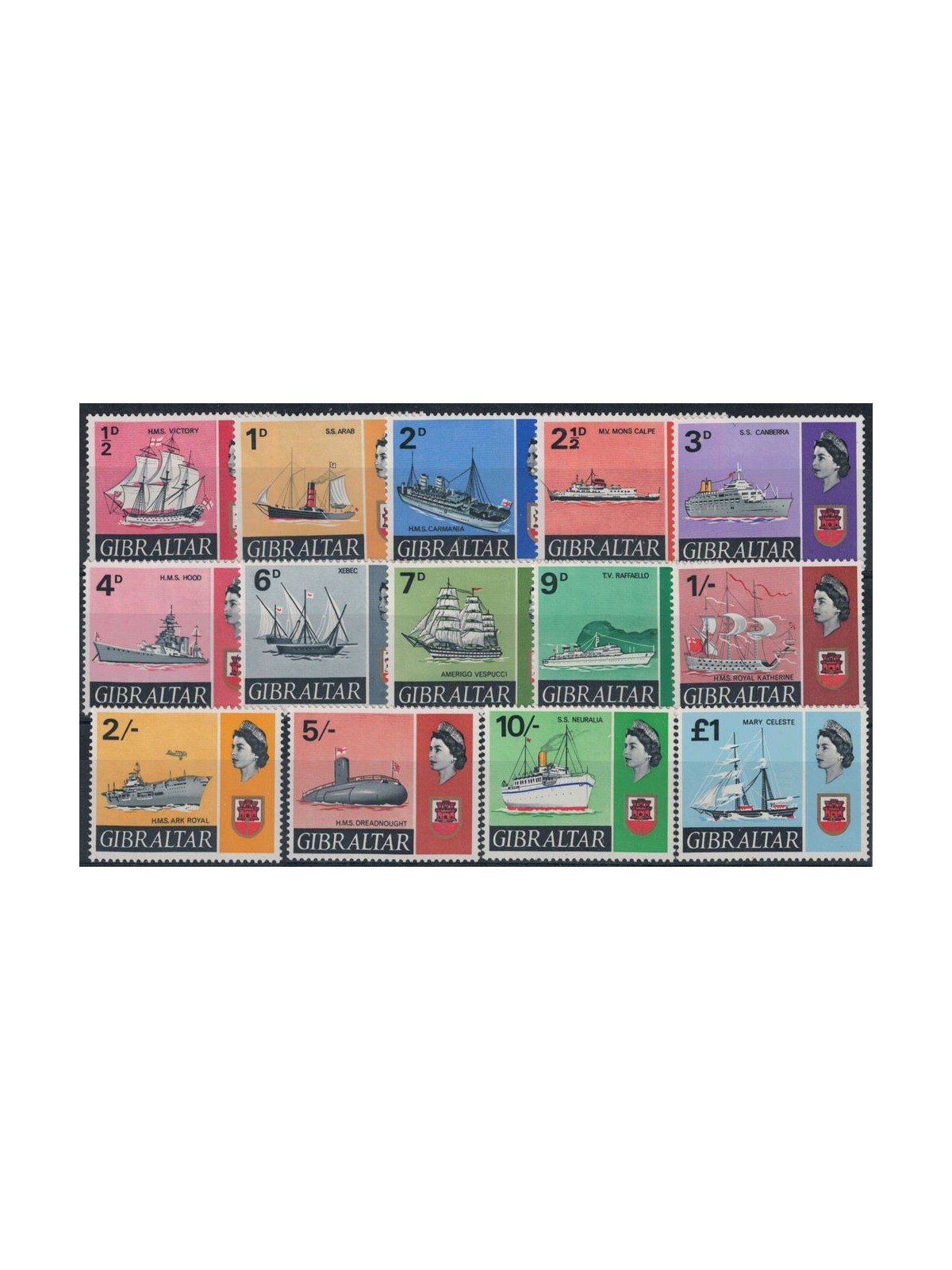 GIBRALTAR 1967 Effigy of Queen Elizabeth and ships 14v MNH**