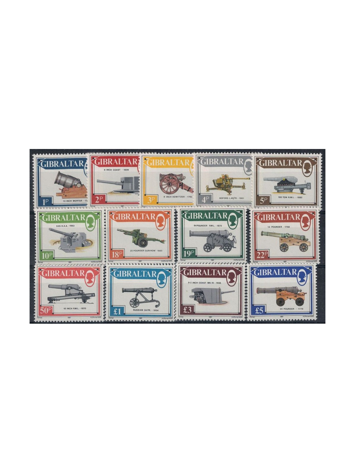 GIBRALTAR 1987 Ordinary set, guns 13v MNH**