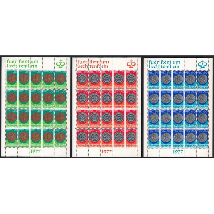 LIECHTENSTEIN 1977 Coins and medals 3 m/s MNH**