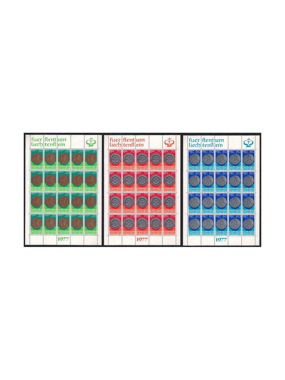 LIECHTENSTEIN 1977 Monete e medaglie 3 MF MNH**