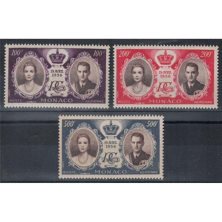 MONACO 1956 Wedding Rainier III and Grace Kelly, airmail 3v MNH**