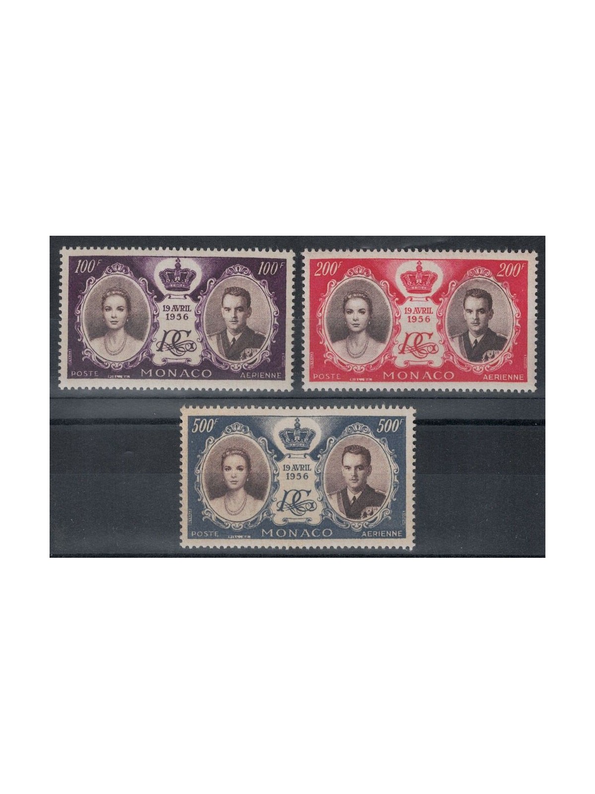 MONACO 1956 Matrimonio Ranieri III e Grace Kelly, posta aerea 3v MNH**