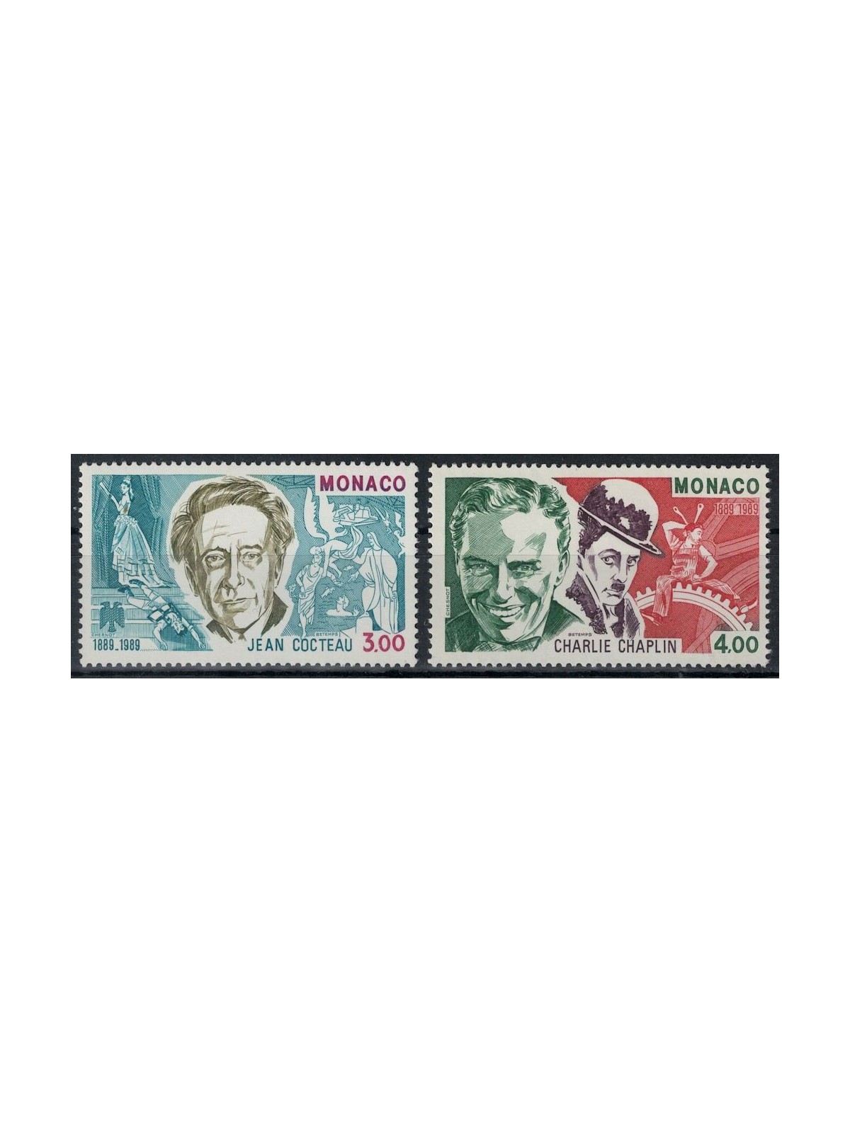 MONACO 1989 Jean Cocteau e Charlie Chaplin 2v MNH**