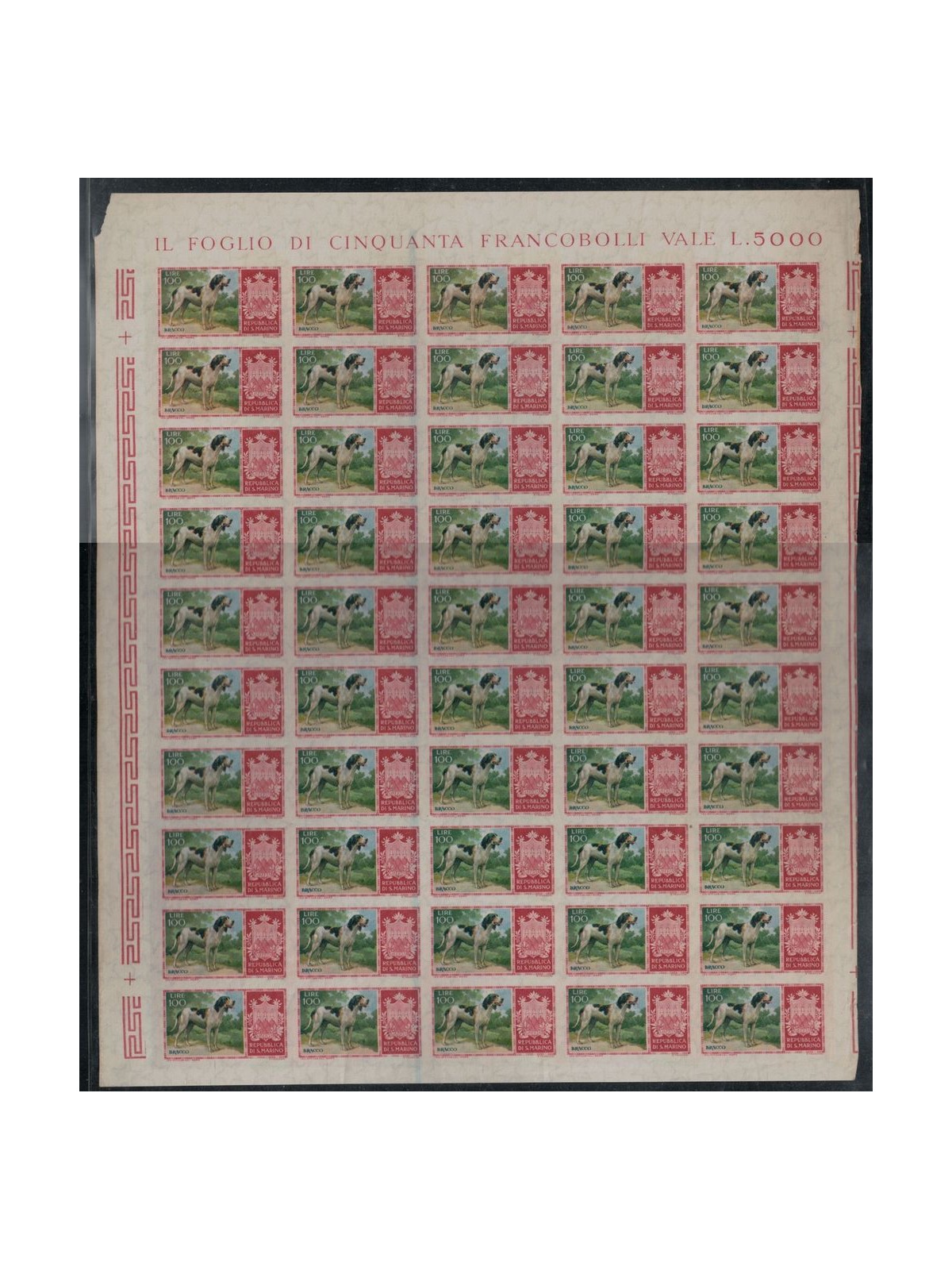 SAN MARINO 1956 Cani di razza £ 100 non dentellato foglio intero MNH**