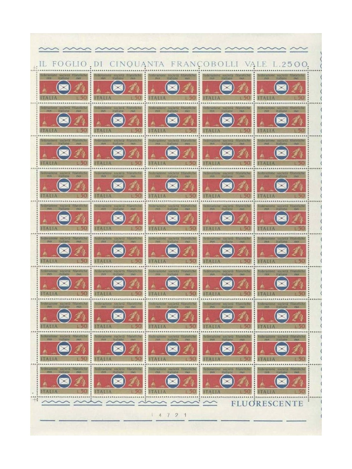 ITALIA 1969 Federazione società filateliche 1 foglio intero MNH**