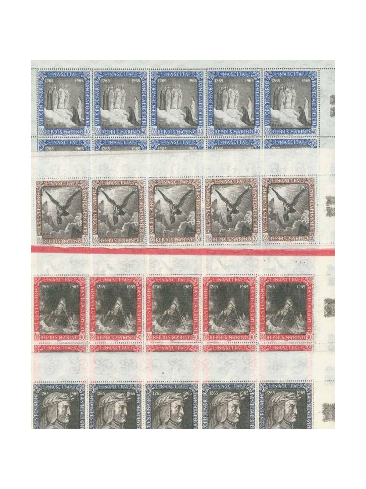 SAN MARINO 1965 Dante Alighieri 4 fogli interi MNH**