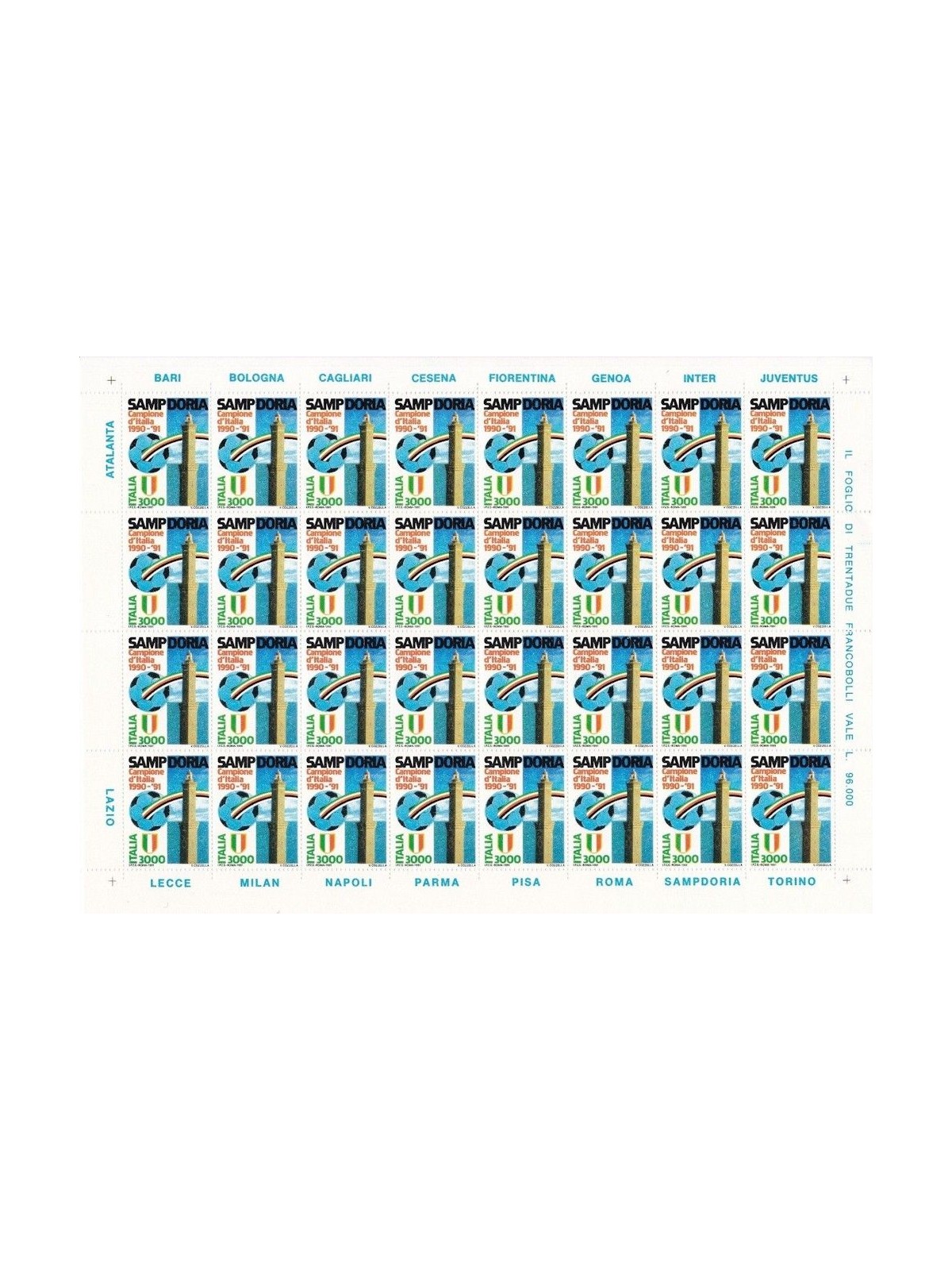 ITALY 1991 Sampdoria Italian Champion 1 full sheet MNH**
