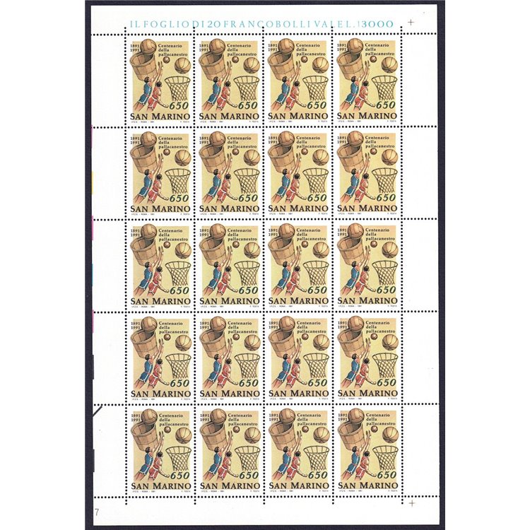 SAN MARINO 1991 Centenario della pallacanestro (£ 650) 1 foglio intero MNH**