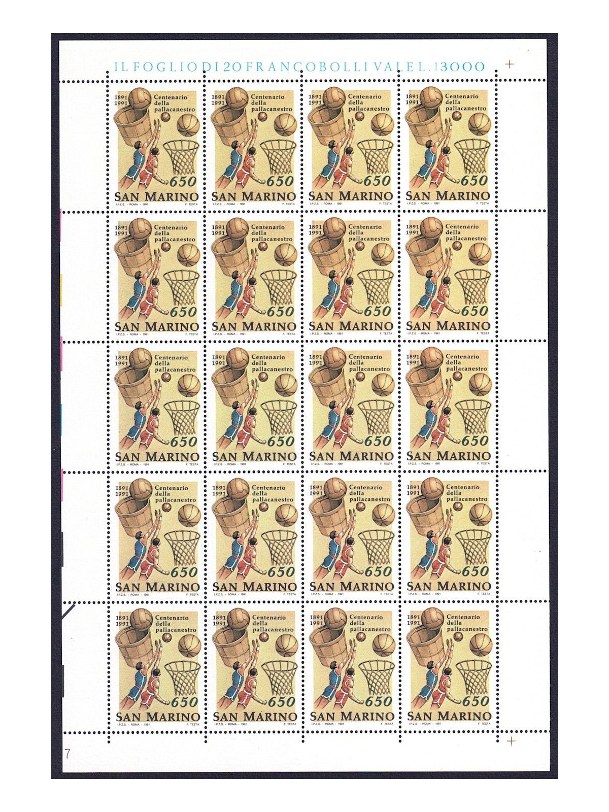SAN MARINO 1991 Centenario della pallacanestro (£ 650) 1 foglio intero MNH**