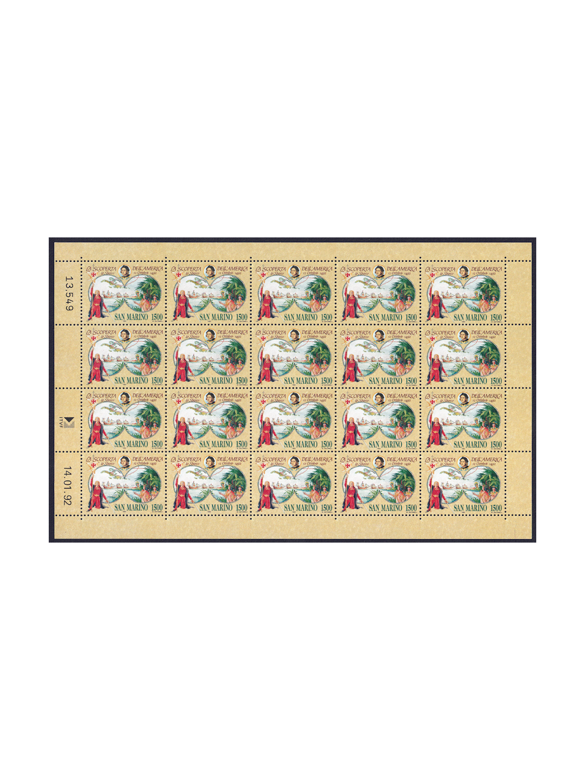 SAN MARINO 1992 Colombian Celebrations (£1500) 1 full sheet MNH**