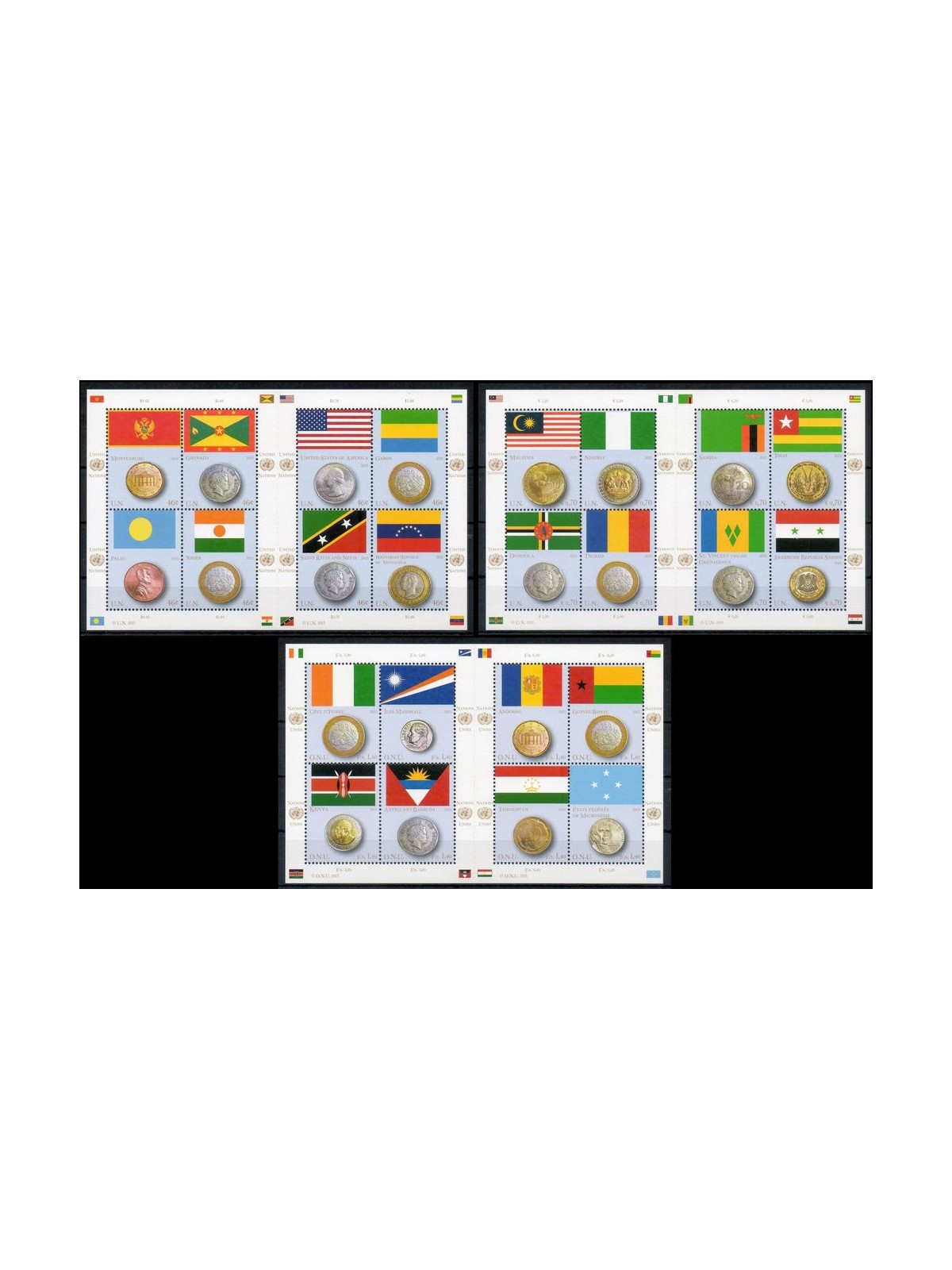 ONU 2013 Bandiere e monete 3 BF MNH**