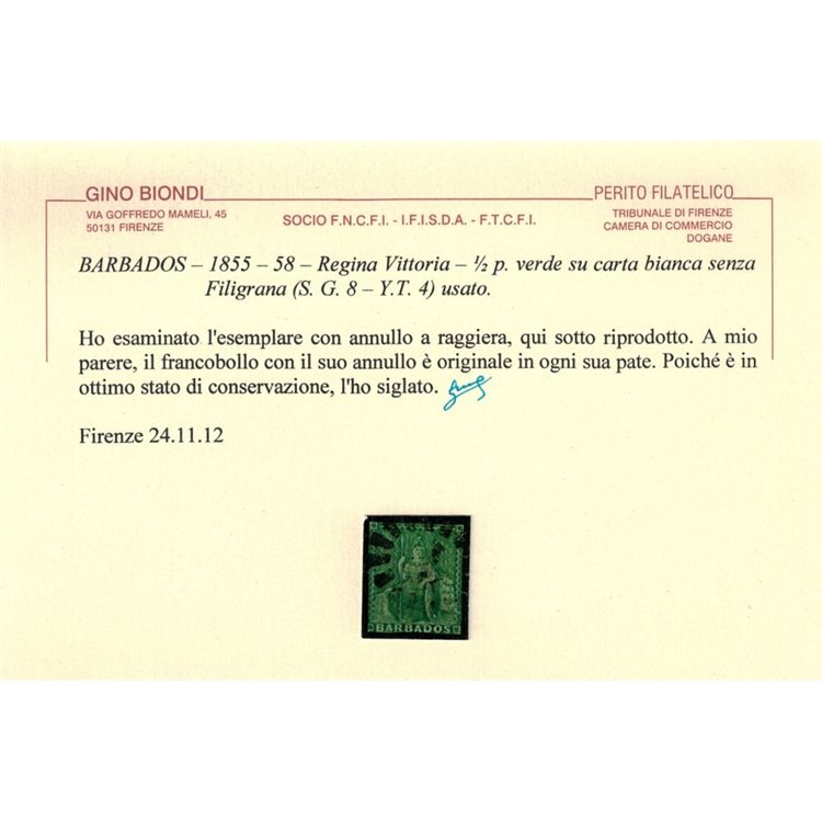 BARBADOS 1857 Regina Vittoria ½ p verde us ©